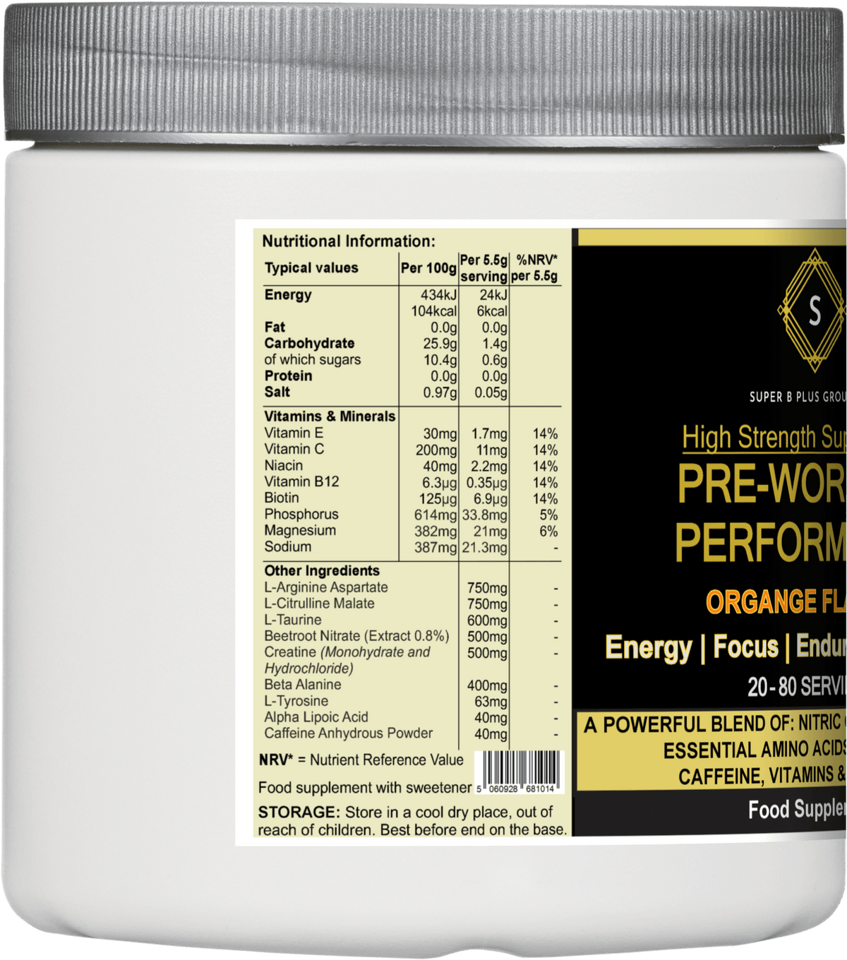 High Strength Pre-Workout Performance supplement container with nutrition facts and ingredients list.