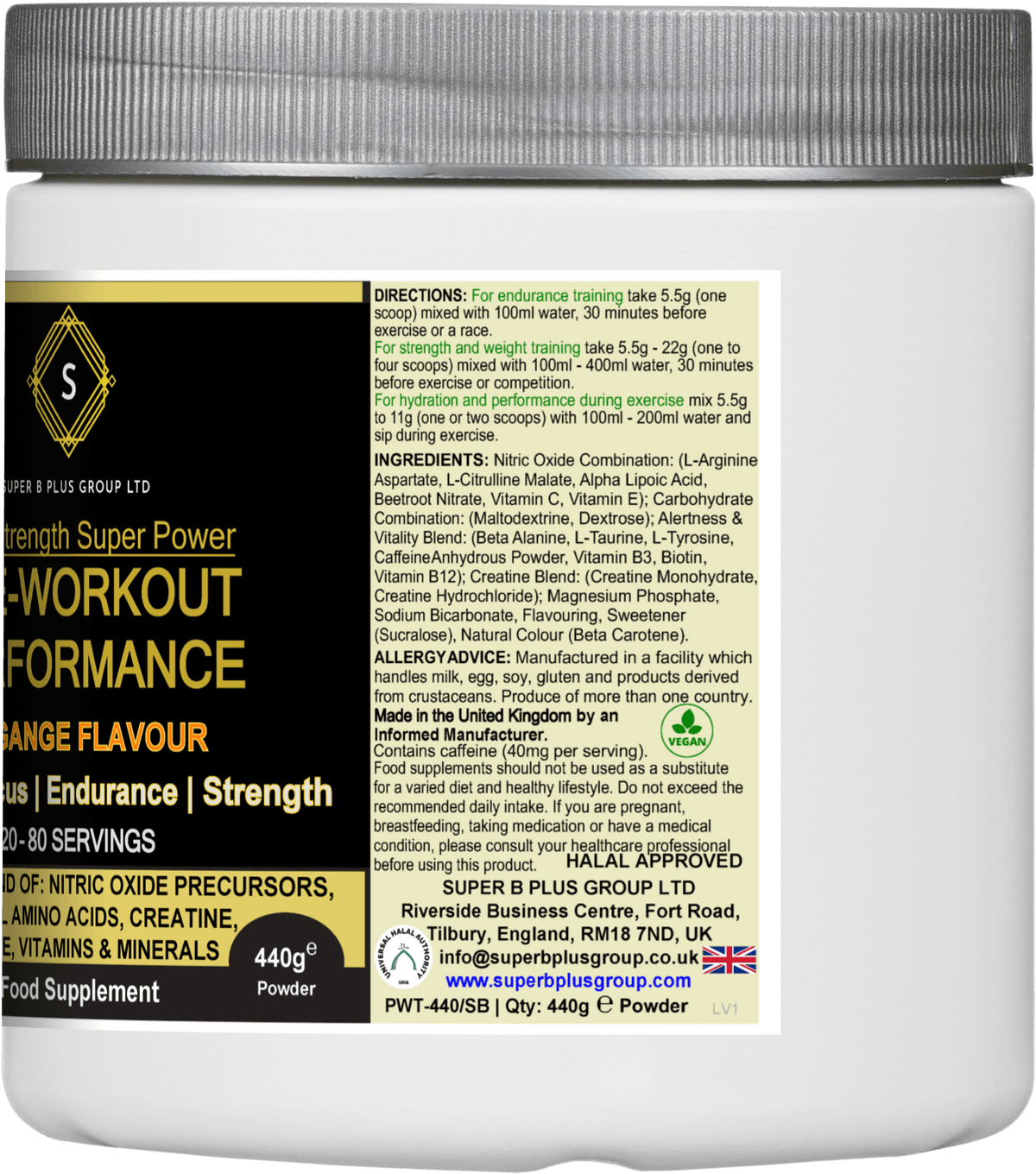 Pre-Workout Performance supplement container with detailed directions and ingredients list to boost training results.