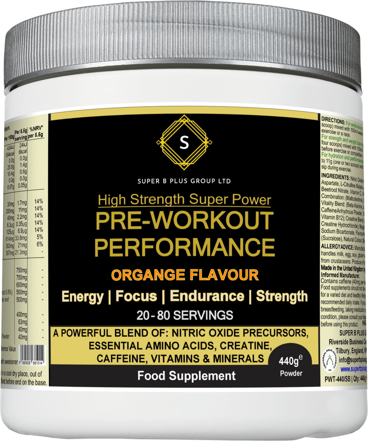 Pre-Workout Performance supplement container featuring orange flavor, enhancing energy, focus, endurance, and strength.