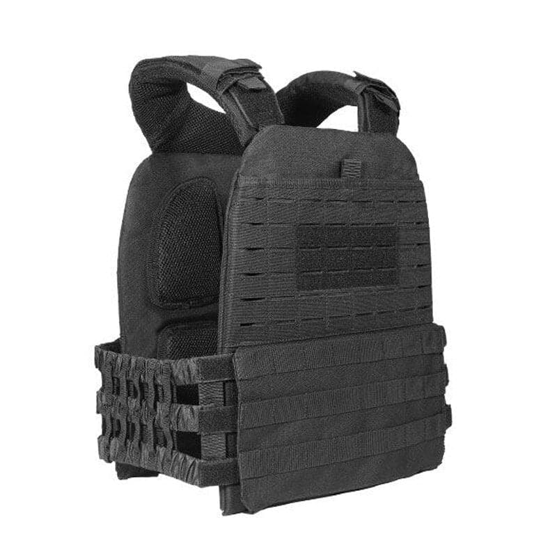Black weighted vest for crossfit training, ideal for home workouts and gym sessions.