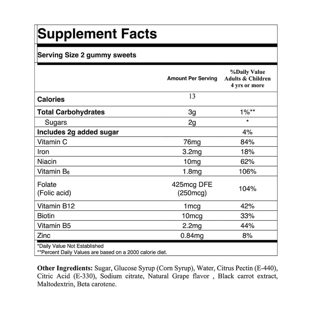 Supplement Facts for multivitamin with iron supplement, showing vitamins and mineral content per serving.