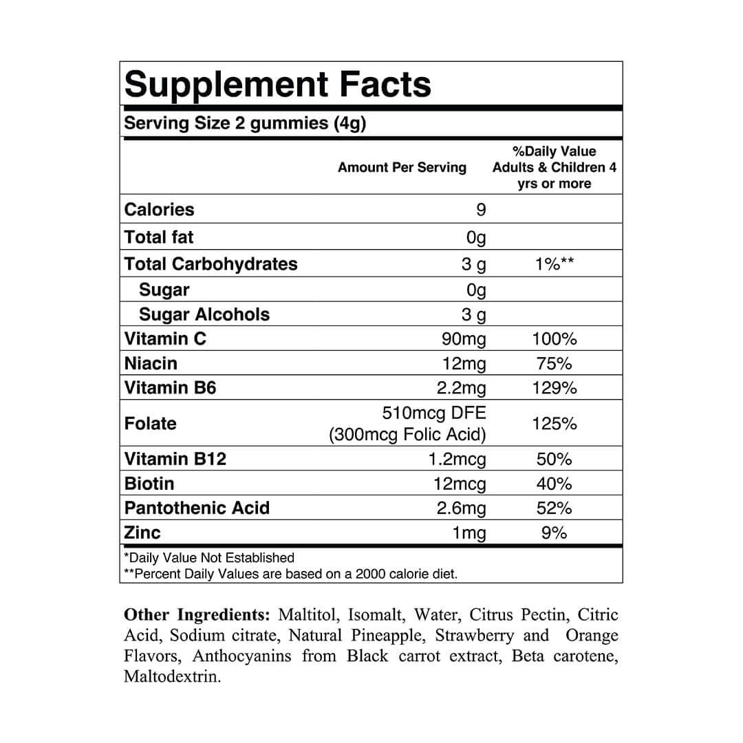 Supplement Facts label for sugar-free multivitamin mix flavors, detailing vitamins and nutrients per serving.