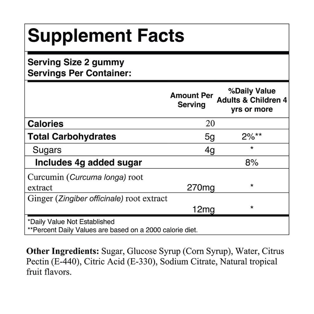 Supplement facts for turmeric ginger dietary supplement with gummy serving size and ingredient details.