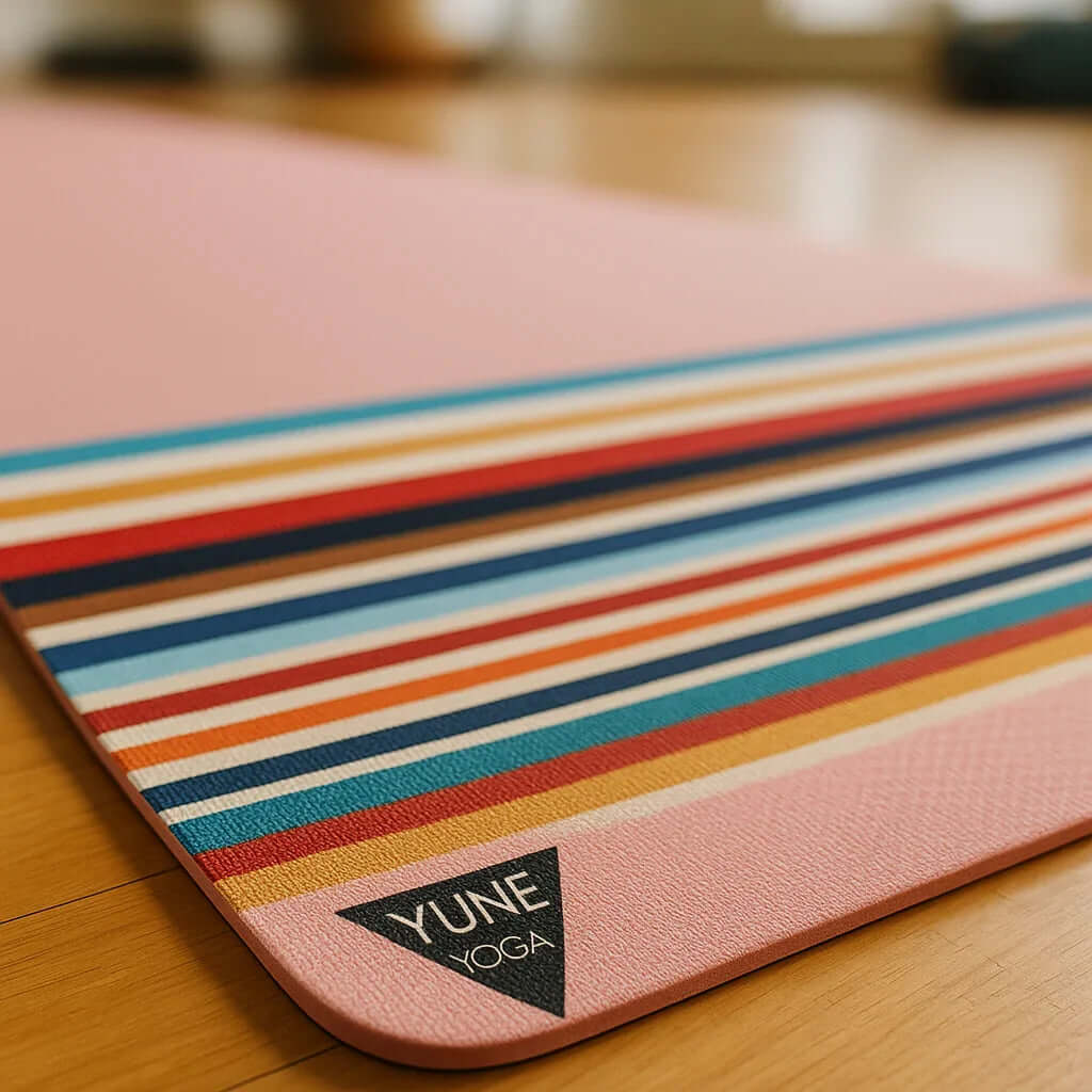 Red Tail Yoga Mat featuring colorful stripes, a practical eco-friendly non-slip yoga mat for all yogis.