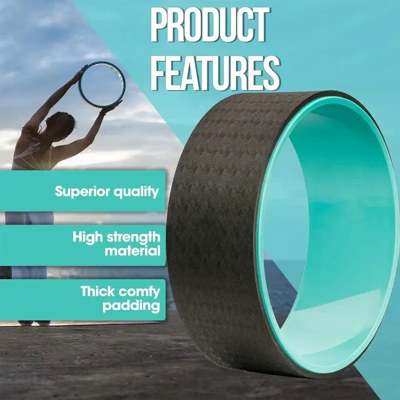 Durable yoga wheel for balance showcasing superior quality, high strength material, and thick comfy padding features.