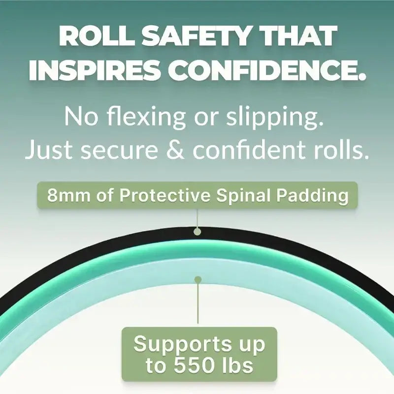 Durable yoga wheel for balance with 8mm protective padding, supports up to 550 lbs, ensuring secure and confident rolls.