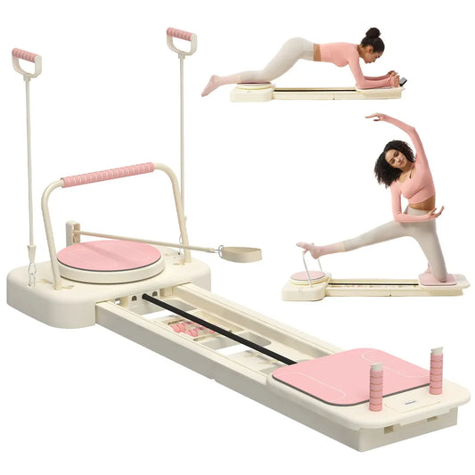 Portable HOTWAVE Pilates Reformer with foldable design, adjustable resistance bands, steel rails, ideal for full-body home gym workouts.