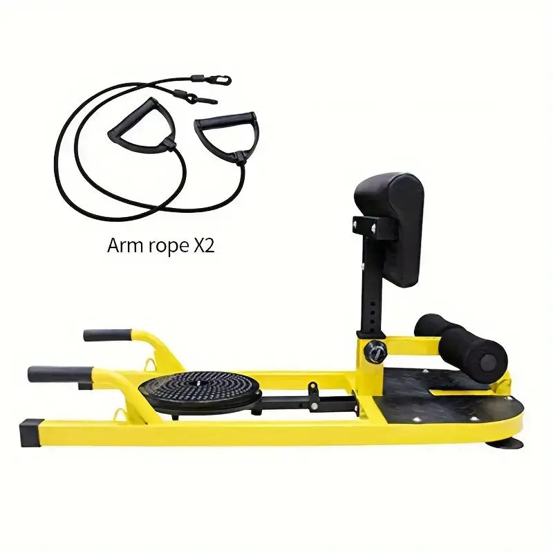 Multifunctional abdominal trainer in yellow with arm ropes for versatile home workouts and gym sessions.