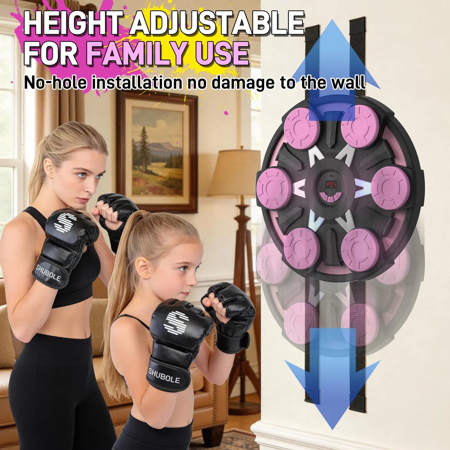 Fitness Essentials music boxing machine with wall-mounted punching pad, LED lighting, 9-speed Bluetooth game, and boxing gloves.