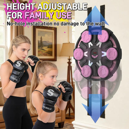 Fitness Essentials music boxing machine with wall-mounted punching pad, LED lighting, 9-speed Bluetooth game, and boxing gloves.