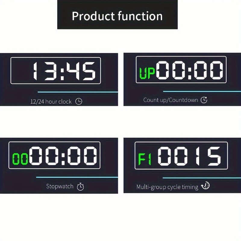 Rechargeable gym timer for workouts showing product functions including stopwatch and countdown modes.