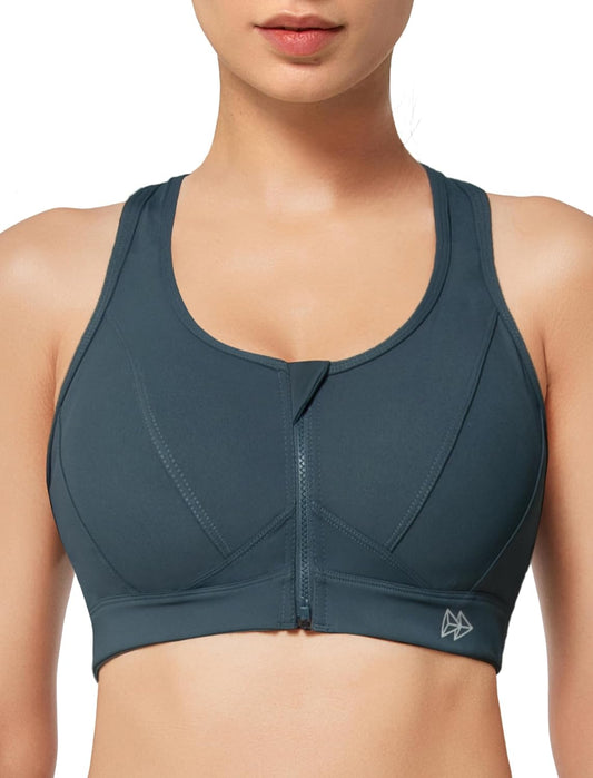 Yvette high impact zip front sports bra for women, plus size, designed for workout, fitness, and running activities.