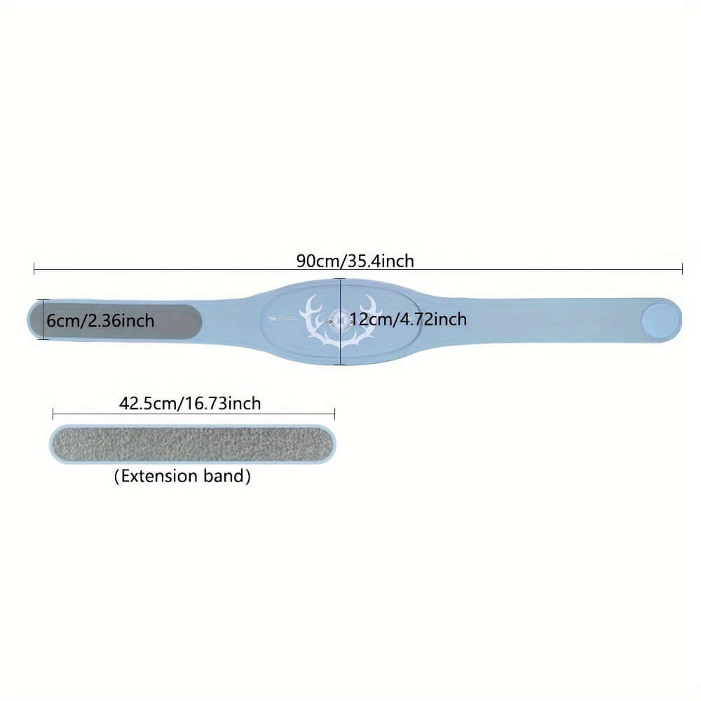 Portable abdominal muscle trainer dimensions showing 90cm belt and 42.5cm extension band in blue.