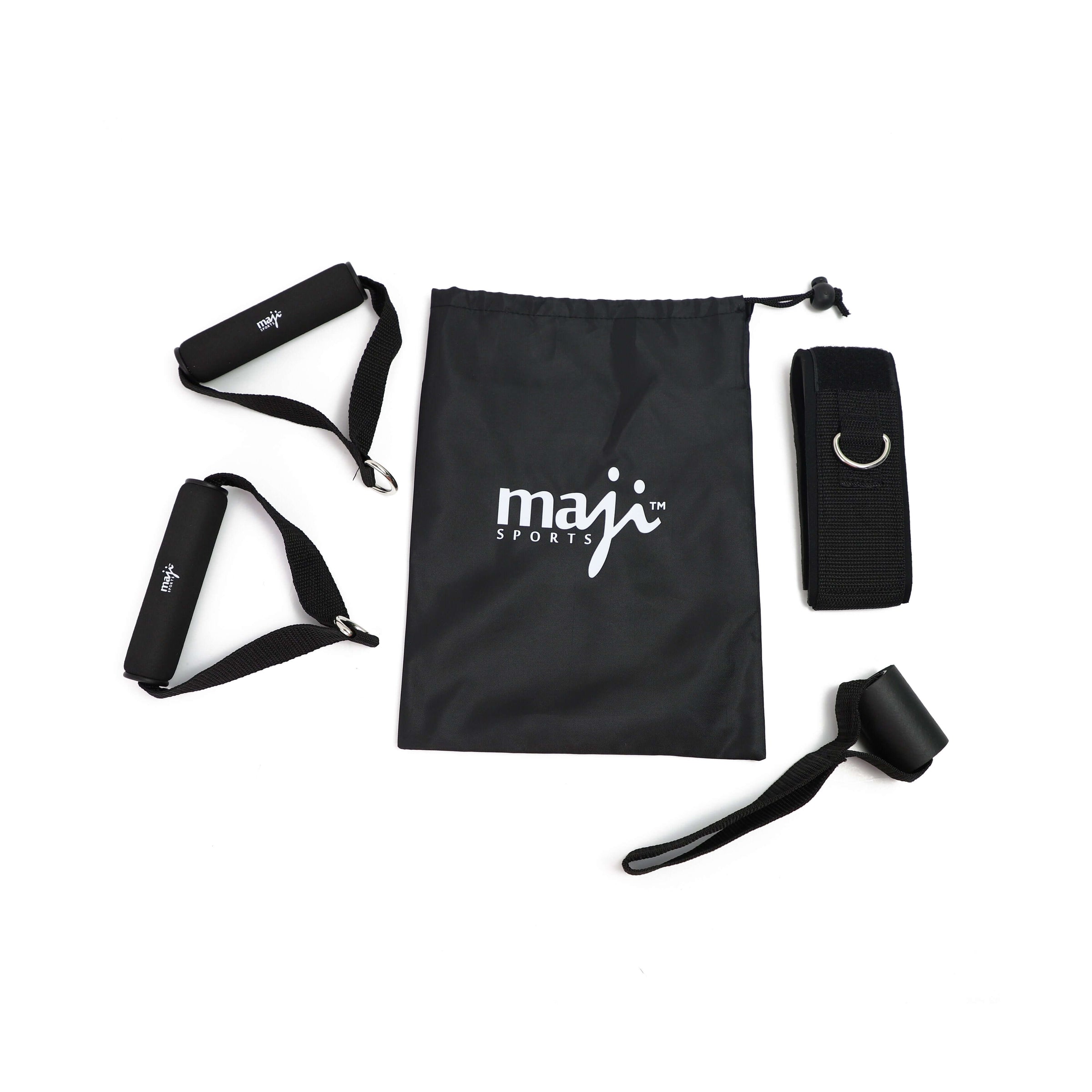 Maji Sports full-body resistance training kit components including handles and carry bag.