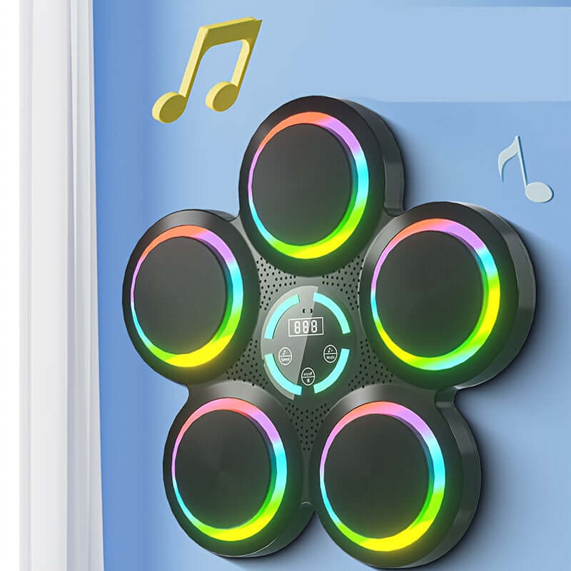 Wall-mounted electronic boxing training pad with dynamic rhythms and colorful lights for effective workouts.