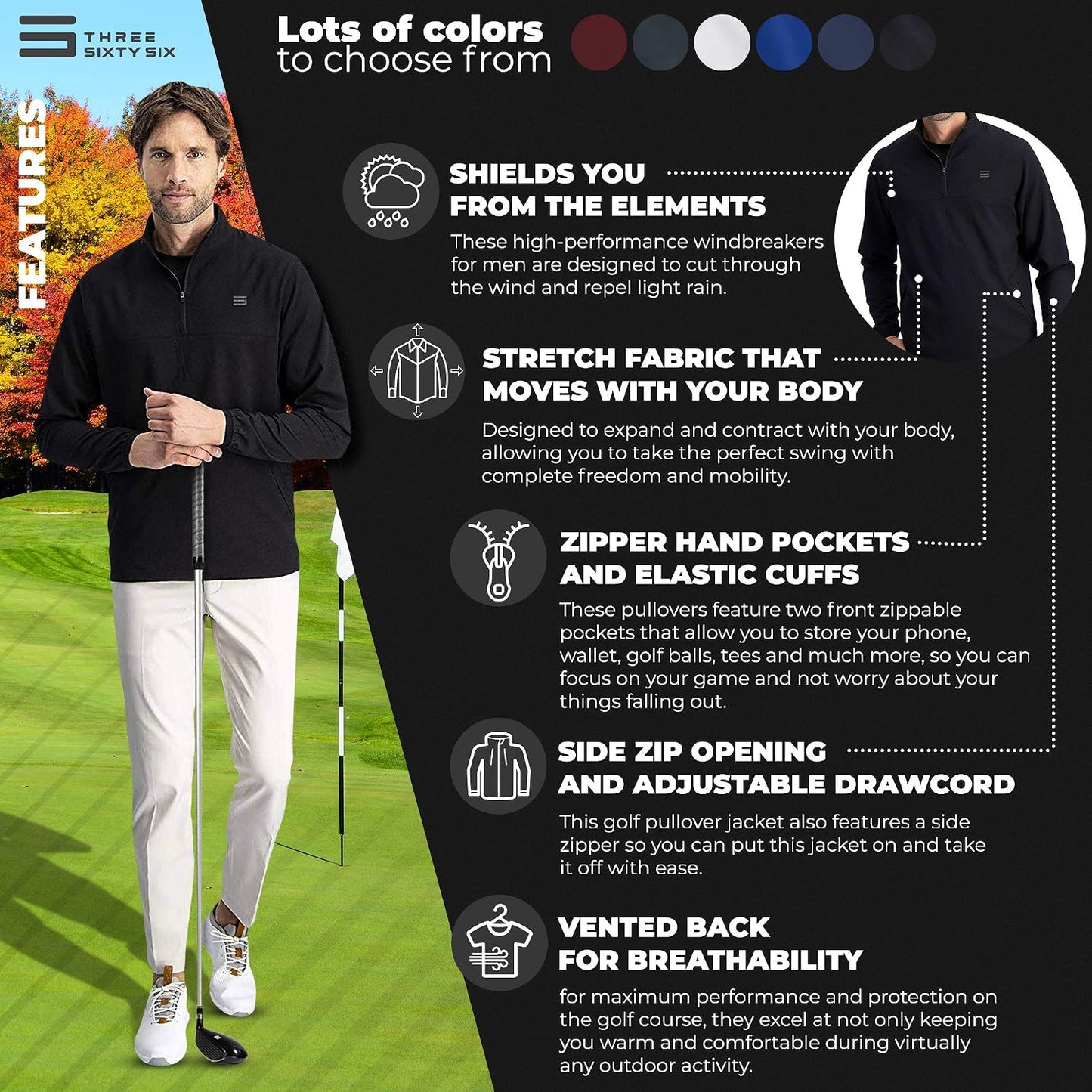 Men's Three Sixty Six windbreaker jacket with zipper, vented design, dry fit fabric, ideal for golf and outdoor activities.