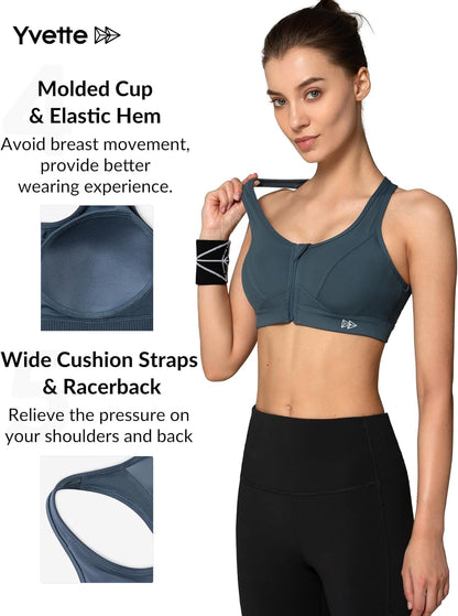 Yvette high impact zip front sports bra for women, plus size workout and running fitness, shown on a model during exercise.