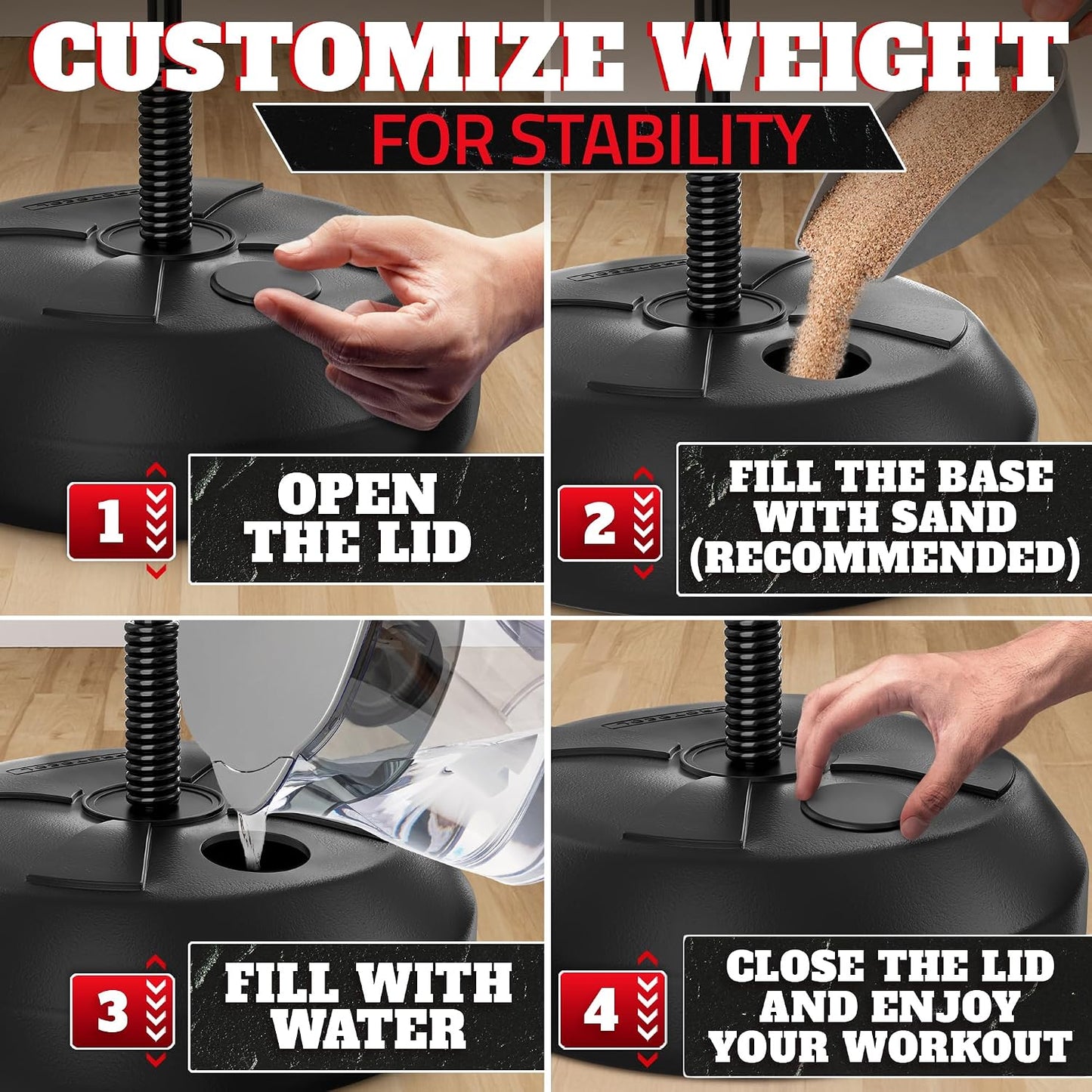 Adjustable youth punching bag with stand weight customization process for stability, filling with sand or water.