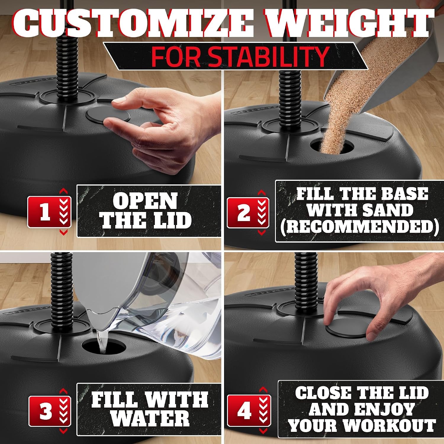 Adjustable youth punching bag with stand weight customization process for stability, filling with sand or water.