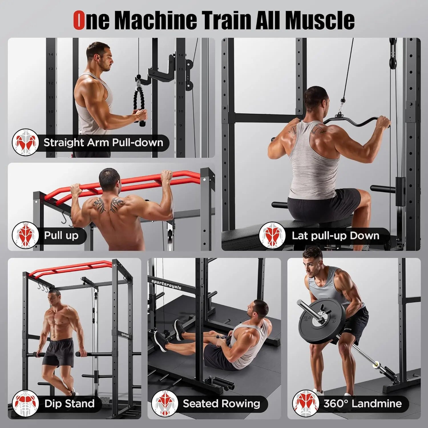 Fitness Essentials FED FITNESS Power Rack with pulley system and J-hooks, multi-functional home gym squat cage in red or blue color.