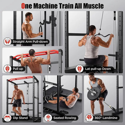 Fitness Essentials FED FITNESS Power Rack with pulley system and J-hooks, multi-functional home gym squat cage in red or blue color.
