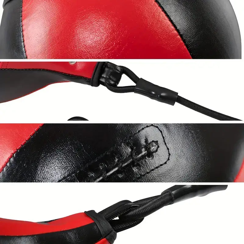 Close-up of the durable material and design of the double end bag for MMA training, featuring red and black colors.