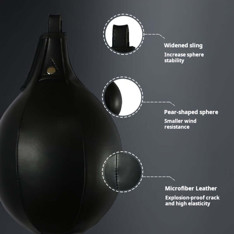 Pear-Shaped Boxing Speed Ball - Hanging Punching Bag(Black) showing features like widened sling and microfiber leather.
