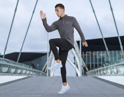 HOTSUIT men's 1/4 zip running pullover with long sleeves, lightweight fleece, quick-dry fabric, and reflective details.