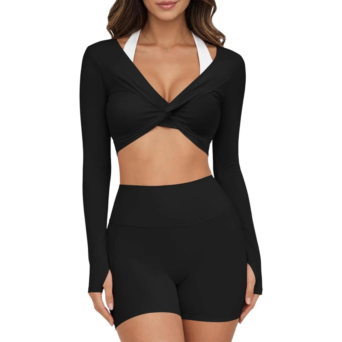 Yousify Womens Long Sleeve Workout Crop Tops Twist Deep V Neck Y2K Yoga Pilates Ballet T Shirt Top with Thumb Holes Active Tops Athletic Wear