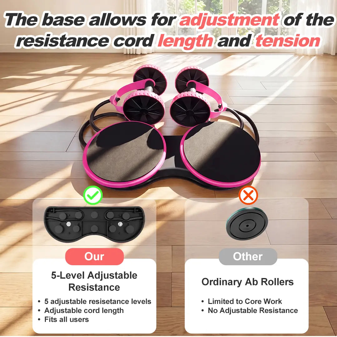 Pink 5-in-1 Ab Roller by Fitness Essentials with resistance bands, waist twist, and compact design for home gym core workouts.