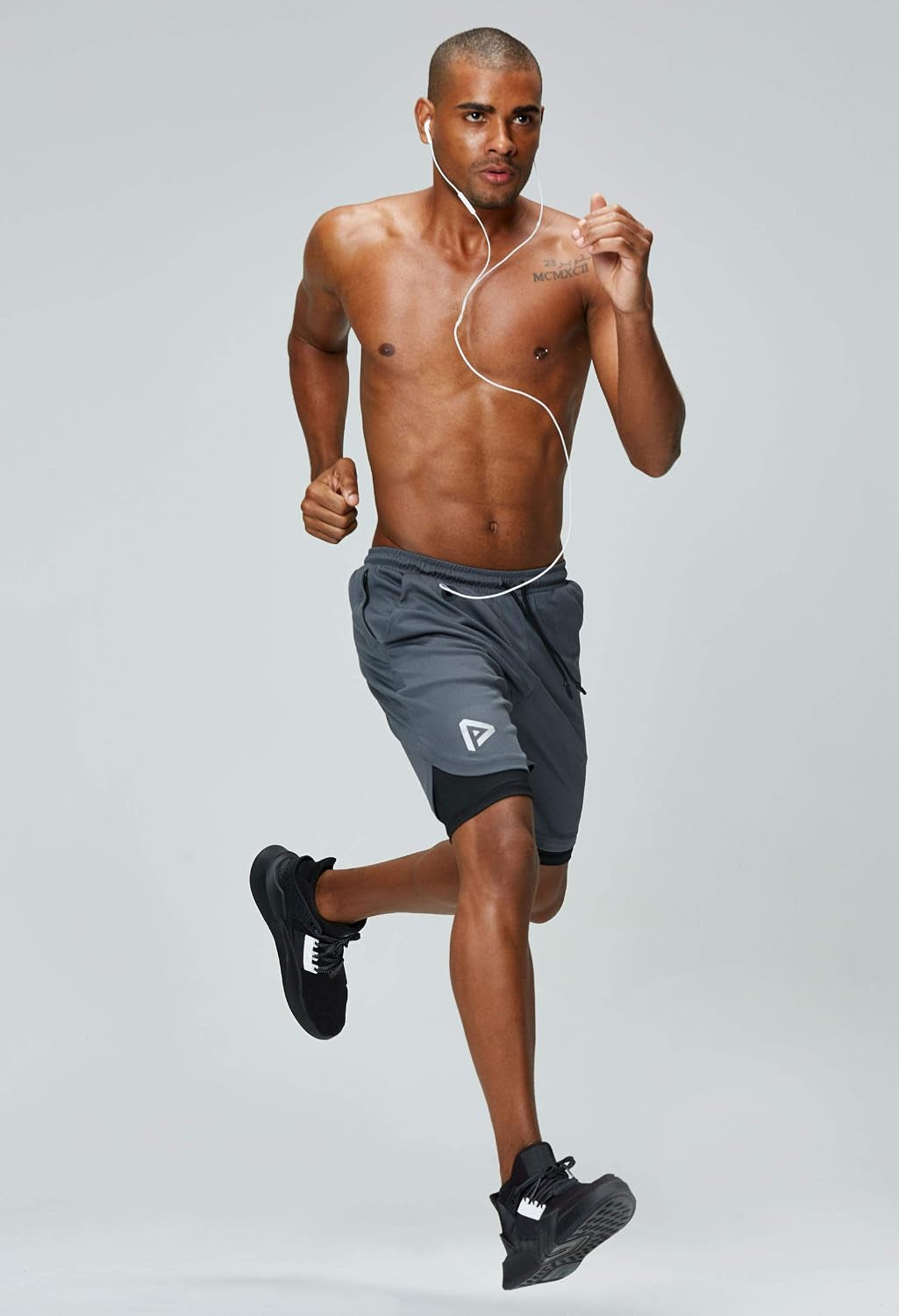 Pinkbomb men's 2-in-1 running shorts with quick-dry fabric and phone pocket, designed for gym workouts and active running.