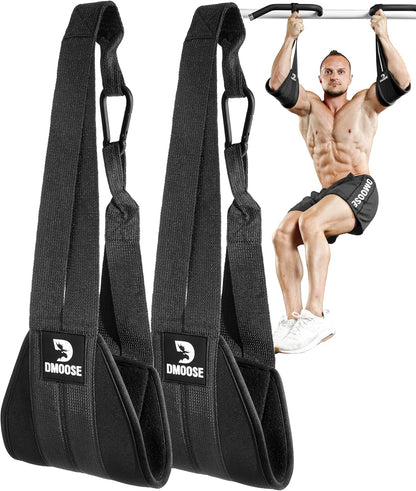 DMoose Fitness hanging ab straps with steel carabiners, soft padding, used for pull-ups, core training, leg raises, and ab exercises.
