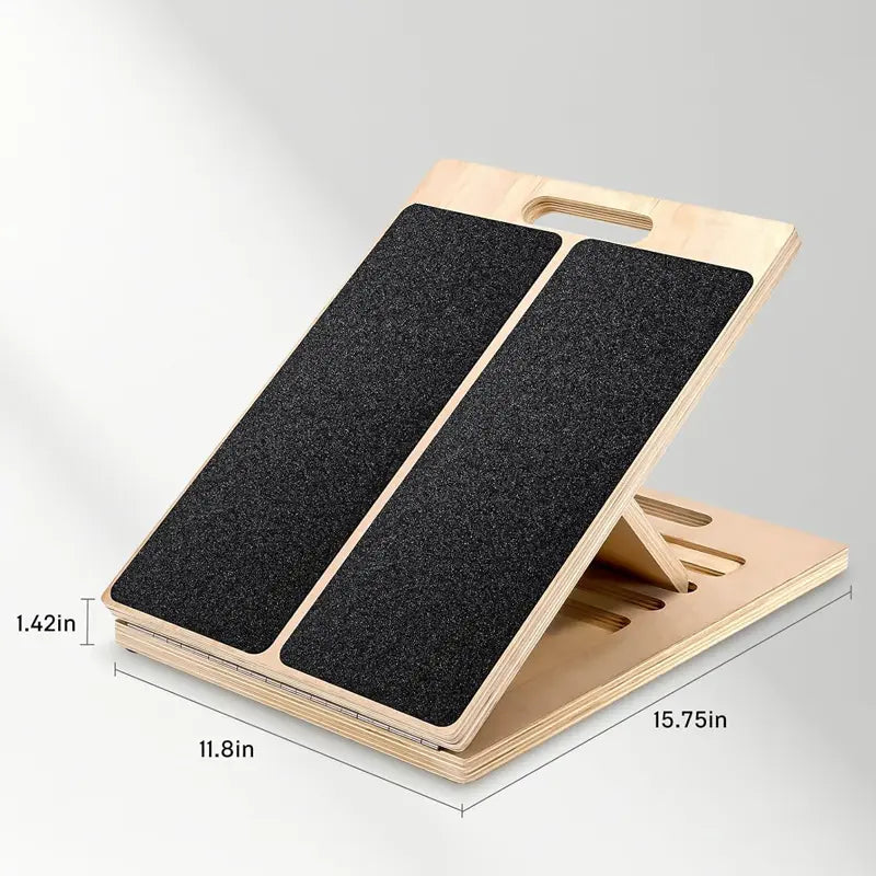 Adjustable wooden slant board for calf stretching and leg exercises, with a sturdy design suitable for physical therapy and Pilates.