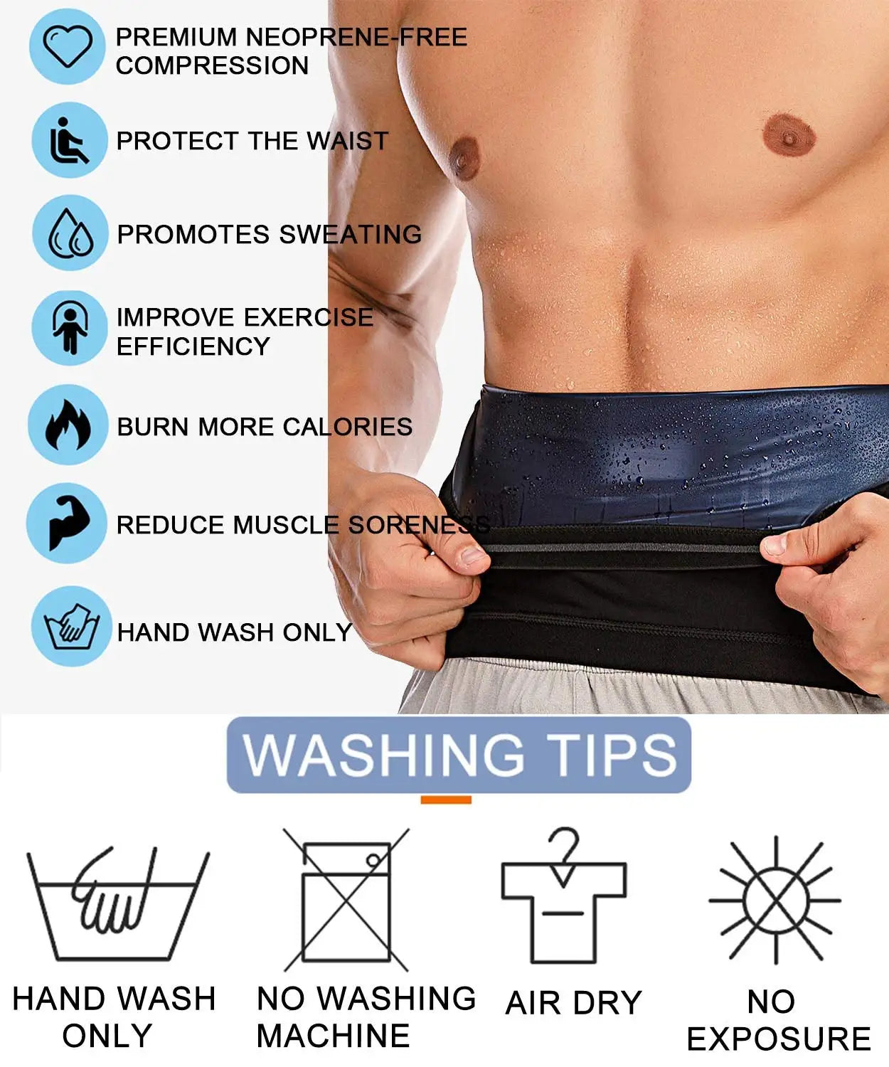 Men's sauna vest for weight loss showing features like compression, sweat promotion, and washing tips.