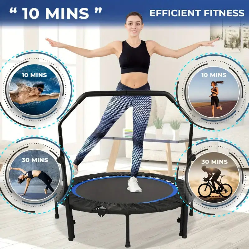Mini fitness trampoline with adjustable handle showcased in an efficient workout setting for home fitness routines.