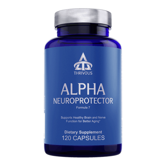 Bottle of Alpha Neuroprotector dietary supplement, supports healthy brain function, 120 capsules.
