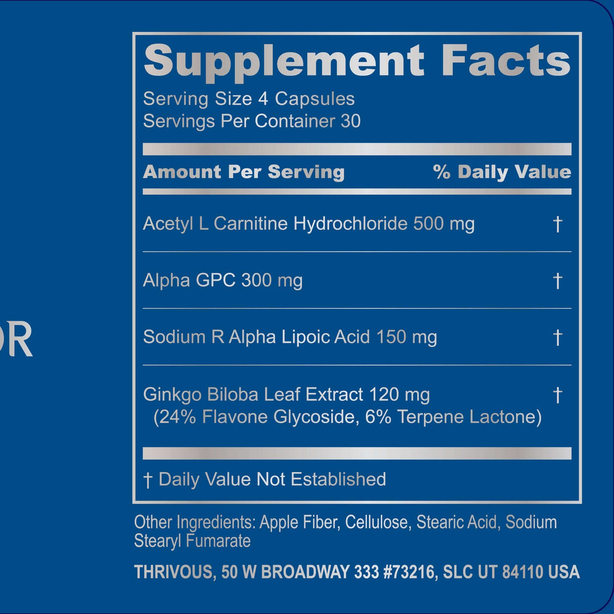 Supplement facts label for Thrivous Stack active lifestyle supplement stack, listing ingredients and nutritional information.