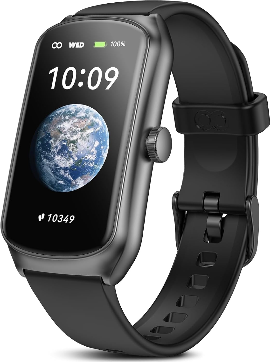 Anyloop fitness tracker smartwatch showing black band, 24/7 heart rate monitoring, and fitness stats on a wrist.
