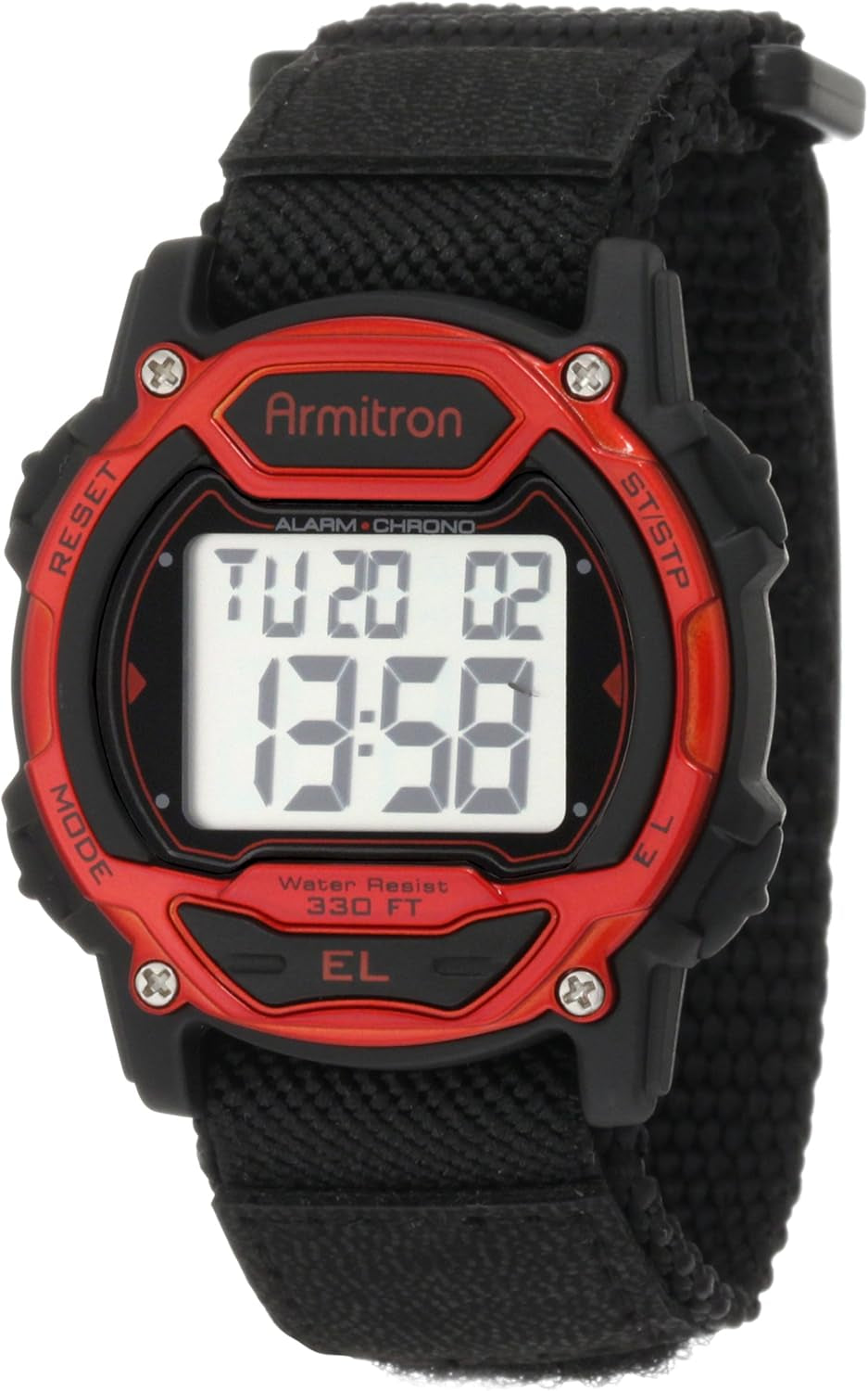 Armitron Sport unisex digital chronograph watch with red nylon strap and black dial, featuring multiple digital displays and stopwatch functions.