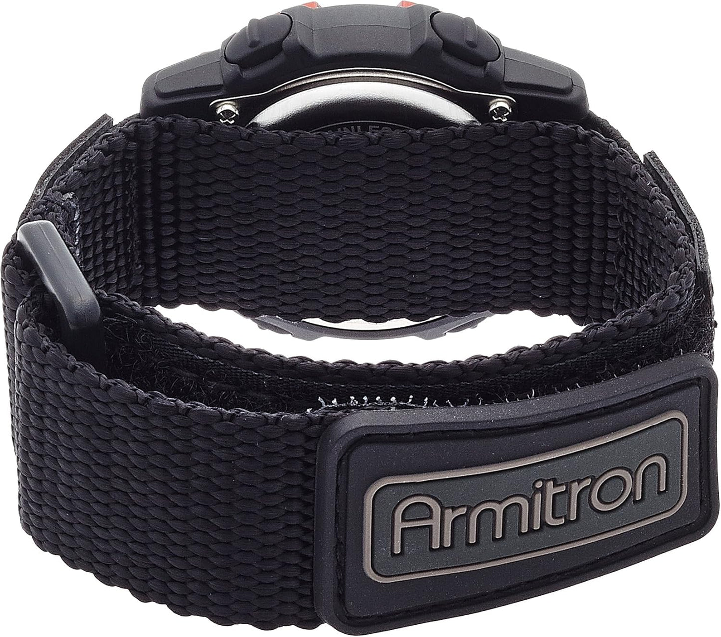 Armitron Sport unisex digital chronograph watch with red nylon strap and black digital display, model 45-7004.
