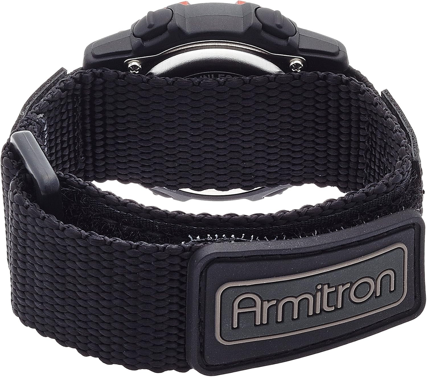 Armitron Sport unisex digital chronograph watch with red nylon strap and black digital display, model 45-7004.