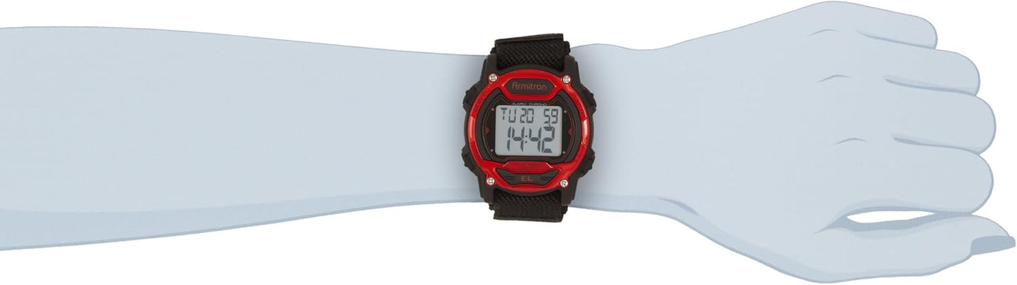 Red Armitron Sport unisex digital chronograph watch with nylon strap and multiple display features.