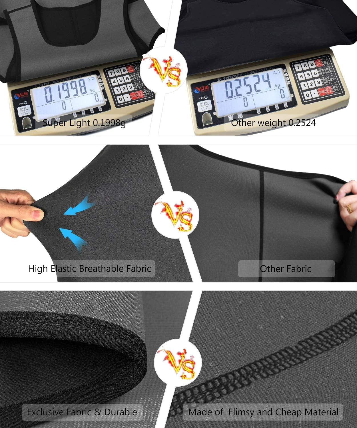 Comparison of Nonecho Men's Neoprene Sauna Vest with other fabrics highlighting weight and durability for workouts.