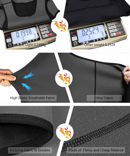 Comparison of Nonecho Men's Neoprene Sauna Vest with other fabrics highlighting weight and durability for workouts.