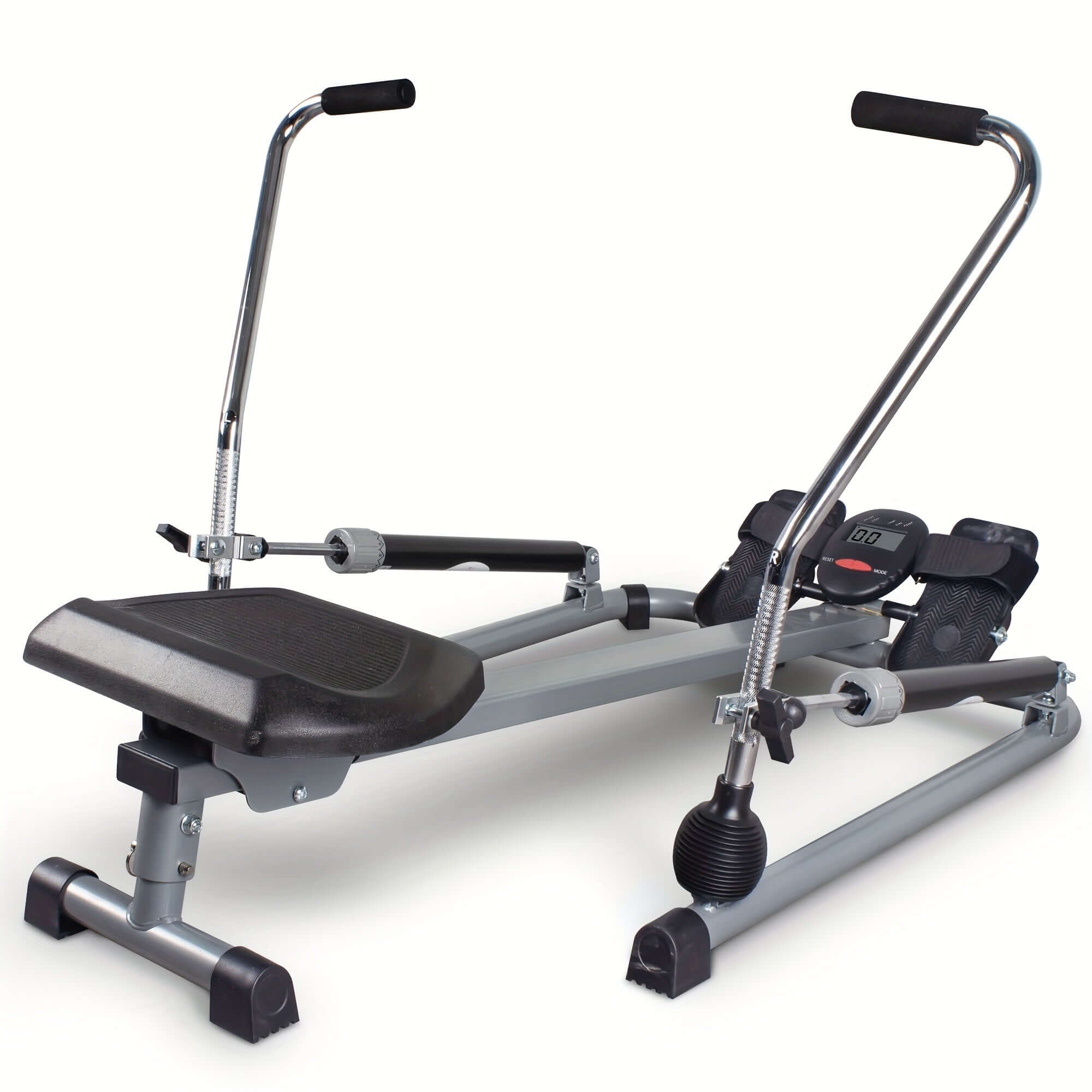 Foldable rowing machine with LCD monitor designed for home workouts, featuring a practical foldable design in grey.