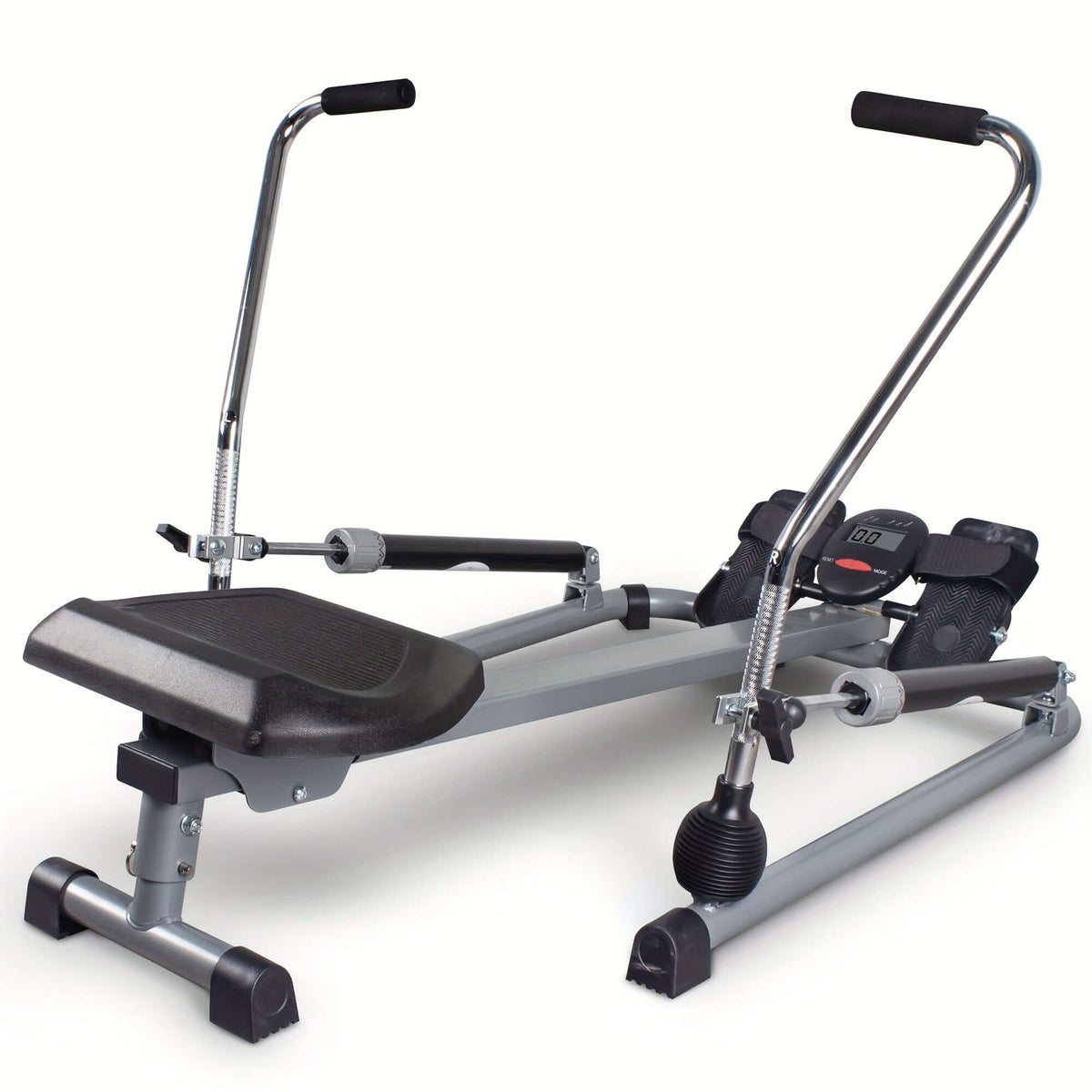 Foldable rowing machine with LCD monitor designed for home workouts, featuring a practical foldable design in grey.