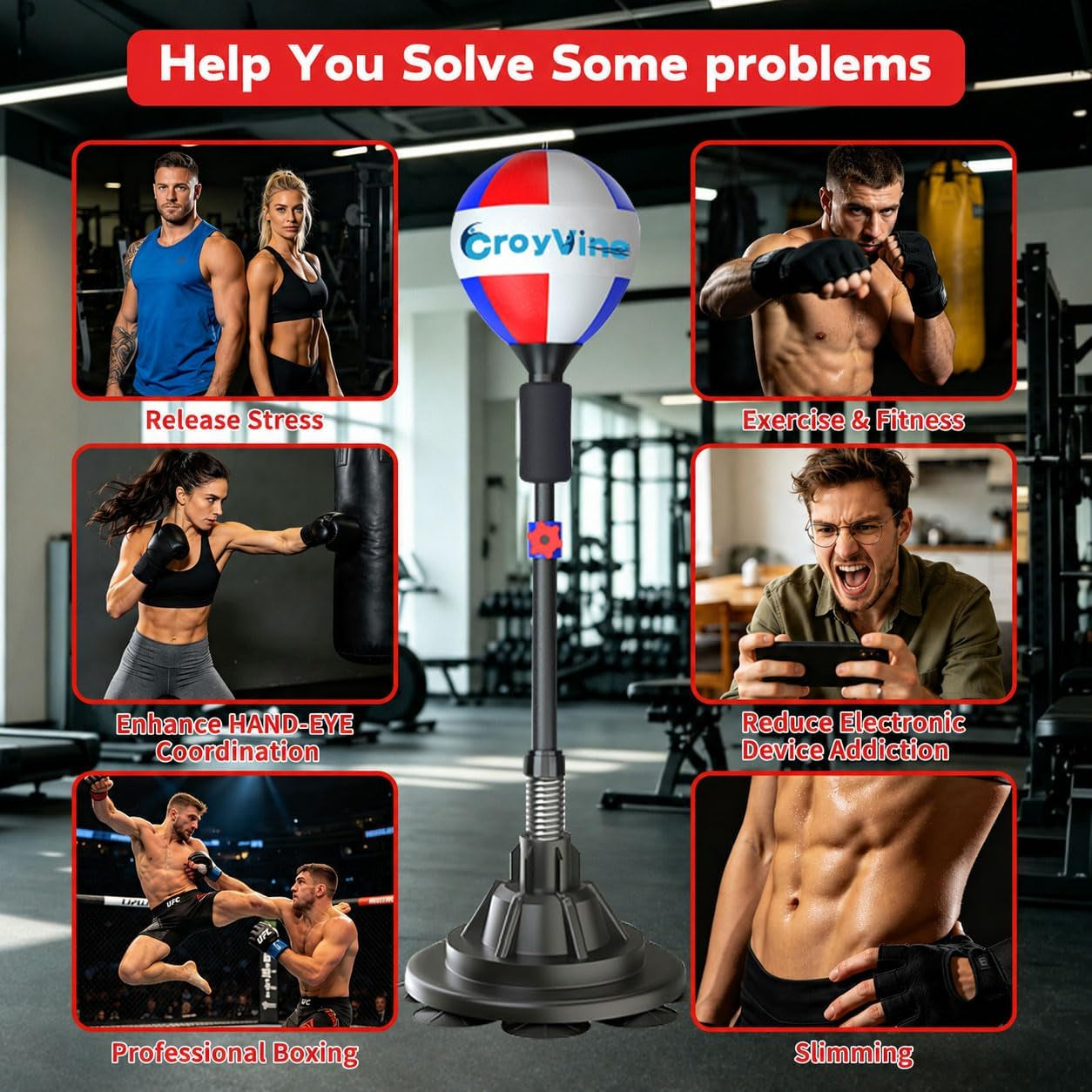 Freestanding Reflex Punching Bag, Height Adjustable Speed Punching Ball for Adults & Teens, Home Gym Boxing Equipment for Training, Reflex, Fitness & Body Shaping