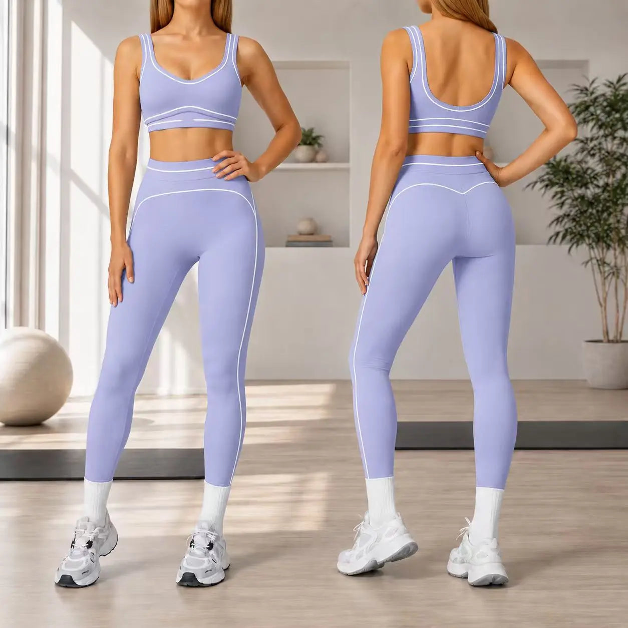Trend Contrast Stripe Trim Sport Two Piece Set, Breathable Buttery Soft Seamless Yoga Bra & Hip Shaping Leggings Activewear Suit