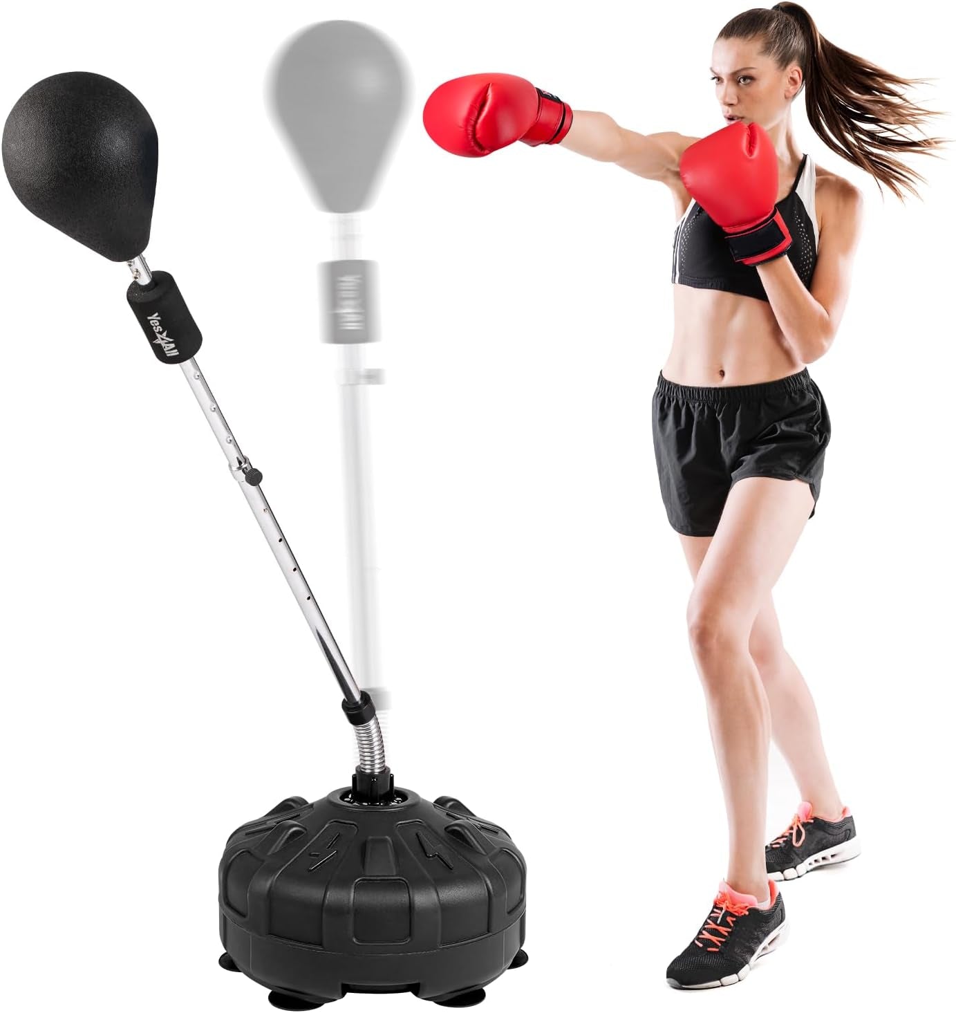 Yes4All adjustable pedestal punching bag with stand, black reflex ball, and woman boxing in red gloves.
