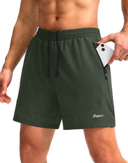 Pudolla men's workout running shorts in 7", 5", or 9" length with lightweight fabric and zipper pockets for gym and athletic activities.
